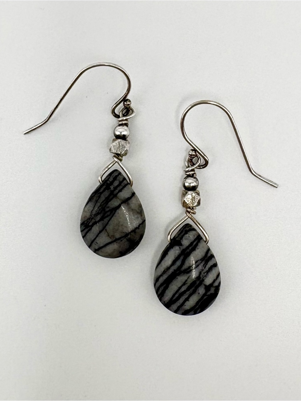 Sterling Silver Teardrop Zebra Jasper Dangle Earrings - Gray - Picture 1 of 3
